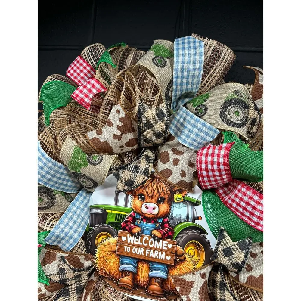 Farmhouse Wreath For Front Door John Deere Green Tractor Door Decoration 22 inch